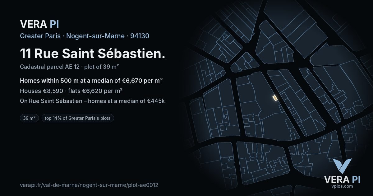 11 Rue Saint Sébastien, Nogent-sur-Marne at night – the plot lit, the parcels around coloured by the prices near them