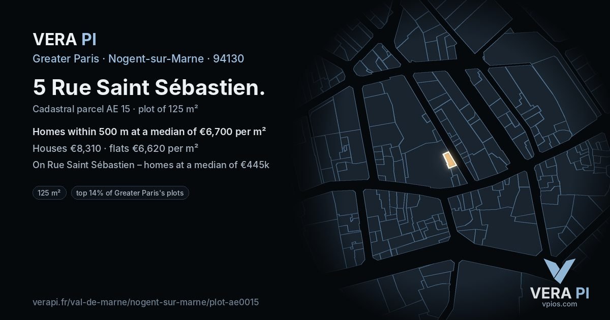 5 Rue Saint Sébastien, Nogent-sur-Marne at night – the plot lit, the parcels around coloured by the prices near them