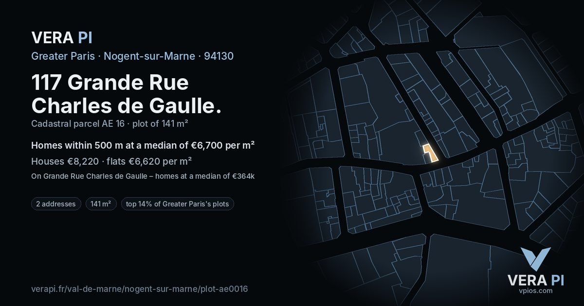 117 Grande Rue Charles de Gaulle, Nogent-sur-Marne at night – the plot lit, the parcels around coloured by the prices near them