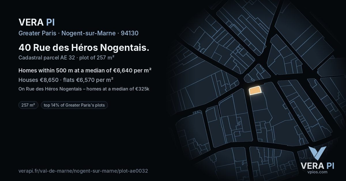 40 Rue des Héros Nogentais, Nogent-sur-Marne at night – the plot lit, the parcels around coloured by the prices near them