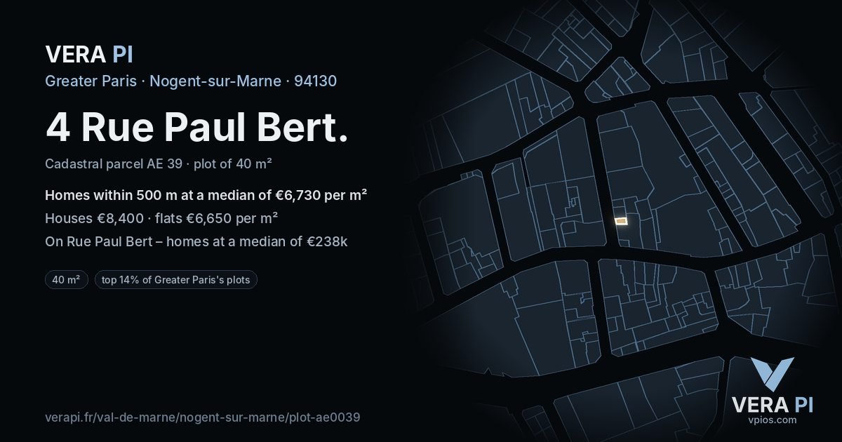 4 Rue Paul Bert, Nogent-sur-Marne at night – the plot lit, the parcels around coloured by the prices near them
