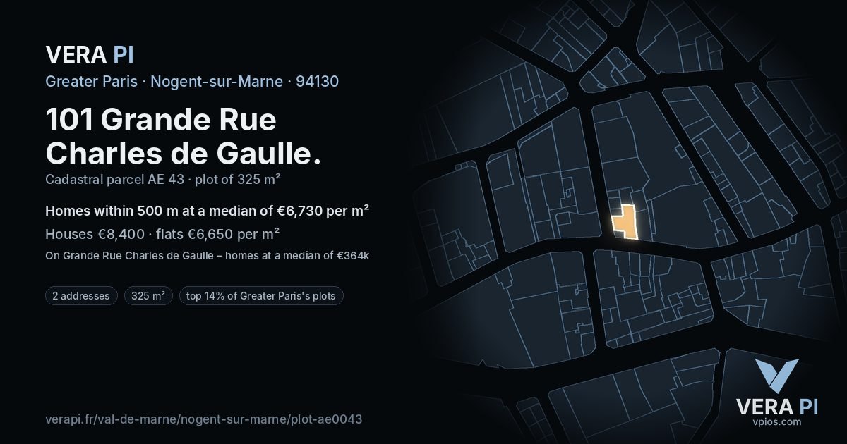 101 Grande Rue Charles de Gaulle, Nogent-sur-Marne at night – the plot lit, the parcels around coloured by the prices near them
