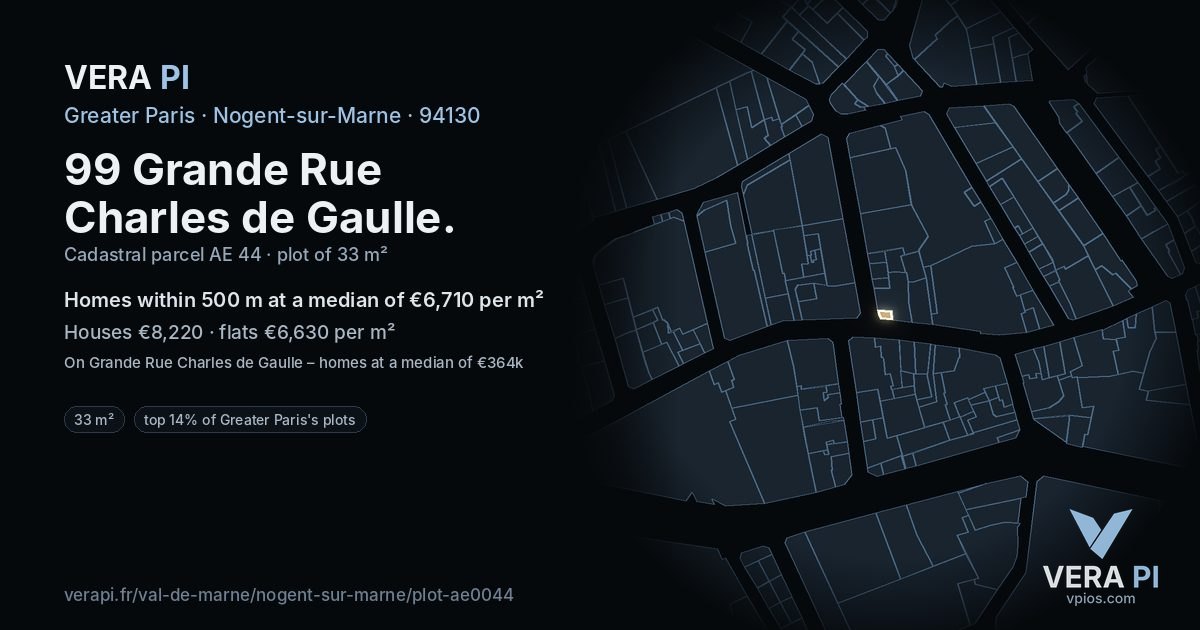 99 Grande Rue Charles de Gaulle, Nogent-sur-Marne at night – the plot lit, the parcels around coloured by the prices near them
