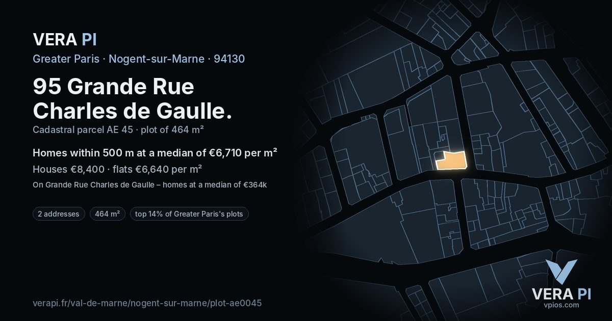 95 Grande Rue Charles de Gaulle, Nogent-sur-Marne at night – the plot lit, the parcels around coloured by the prices near them