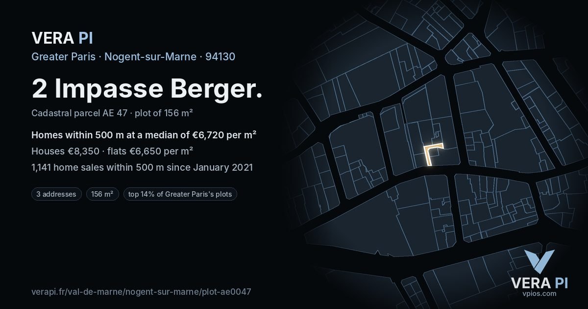 2 Impasse Berger, Nogent-sur-Marne at night – the plot lit, the parcels around coloured by the prices near them