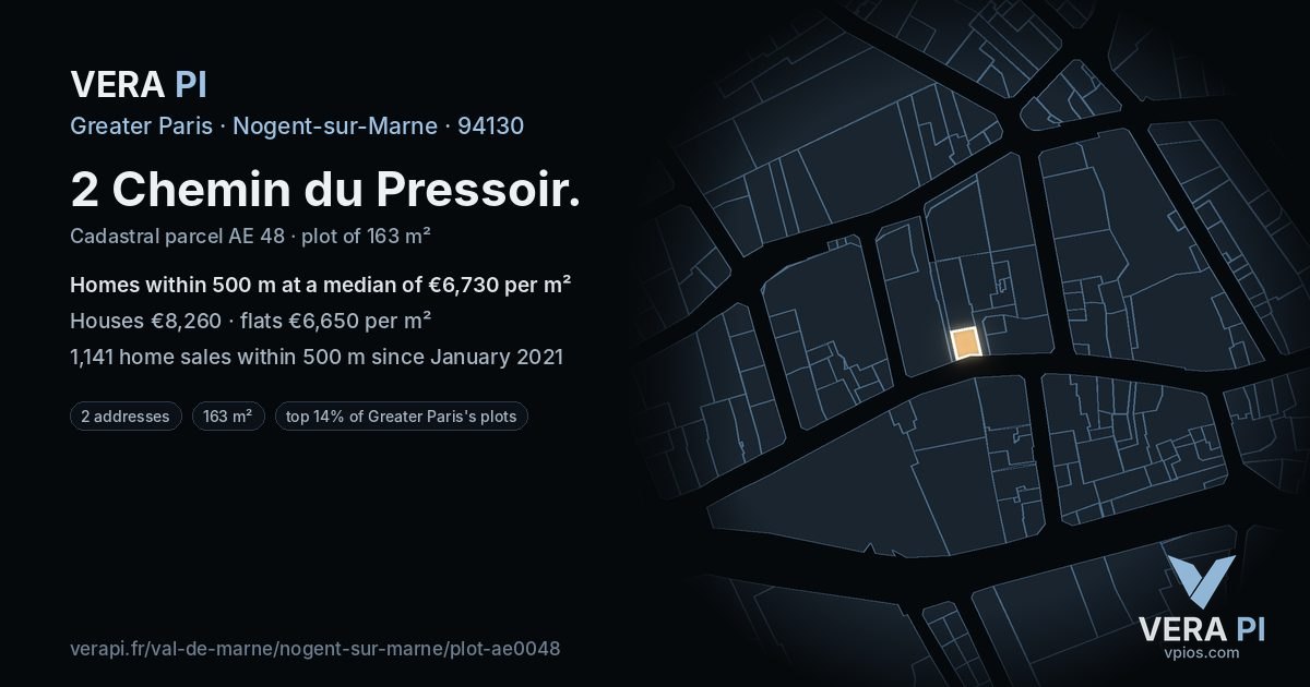 2 Chemin du Pressoir, Nogent-sur-Marne at night – the plot lit, the parcels around coloured by the prices near them