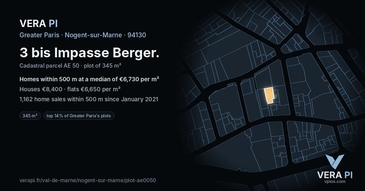 3 bis Impasse Berger, Nogent-sur-Marne at night – the plot lit, the parcels around coloured by the prices near them