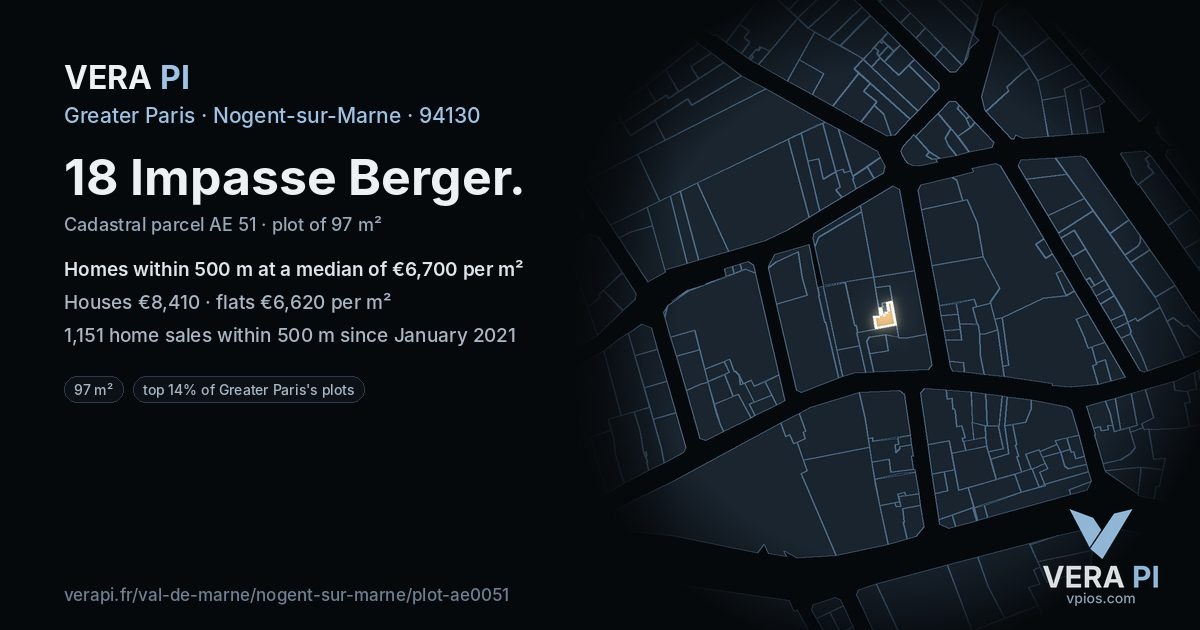 18 Impasse Berger, Nogent-sur-Marne at night – the plot lit, the parcels around coloured by the prices near them