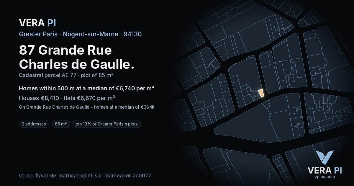 87 Grande Rue Charles de Gaulle, Nogent-sur-Marne at night – the plot lit, the parcels around coloured by the prices near them