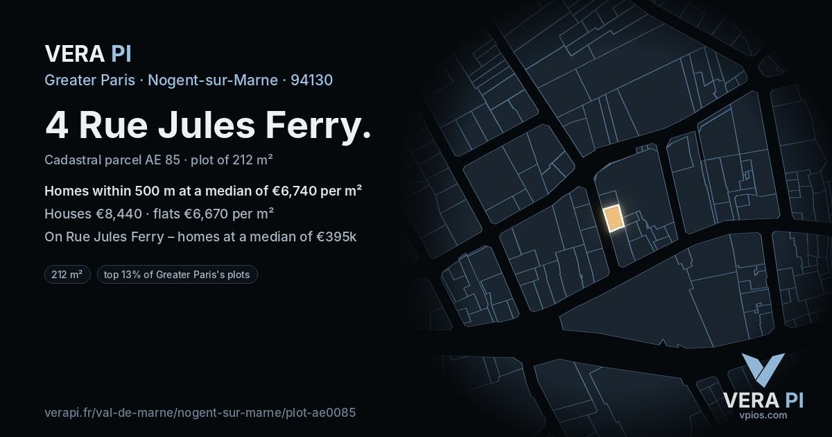 4 Rue Jules Ferry, Nogent-sur-Marne at night – the plot lit, the parcels around coloured by the prices near them