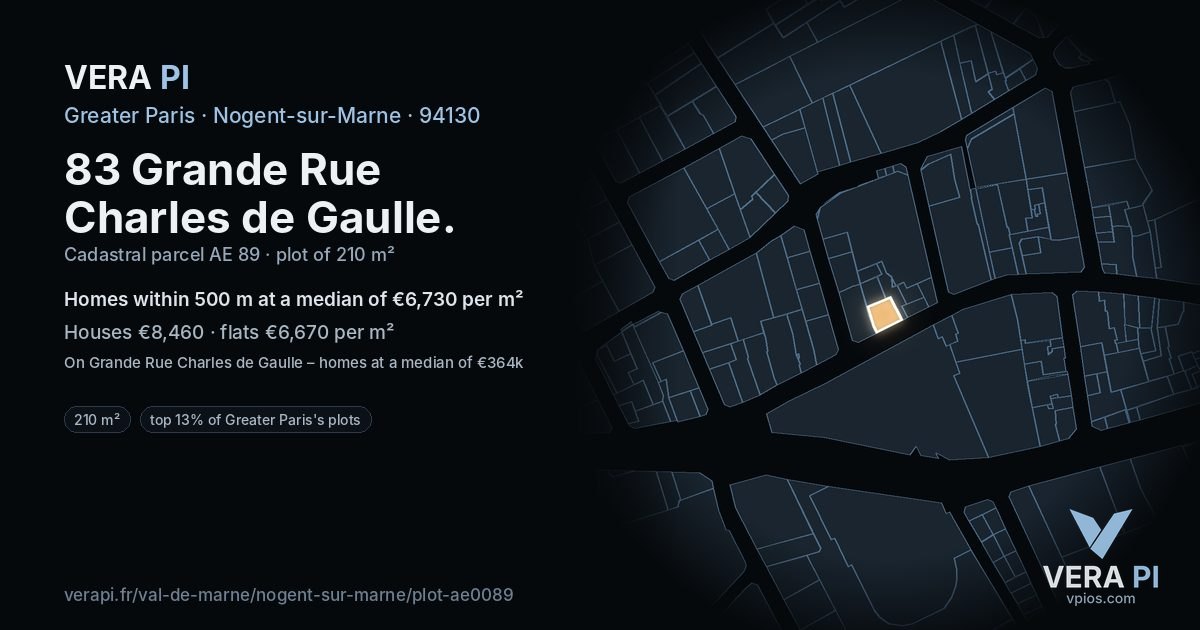 83 Grande Rue Charles de Gaulle, Nogent-sur-Marne at night – the plot lit, the parcels around coloured by the prices near them
