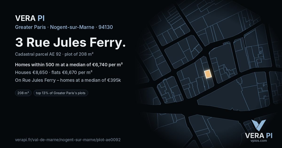 3 Rue Jules Ferry, Nogent-sur-Marne at night – the plot lit, the parcels around coloured by the prices near them
