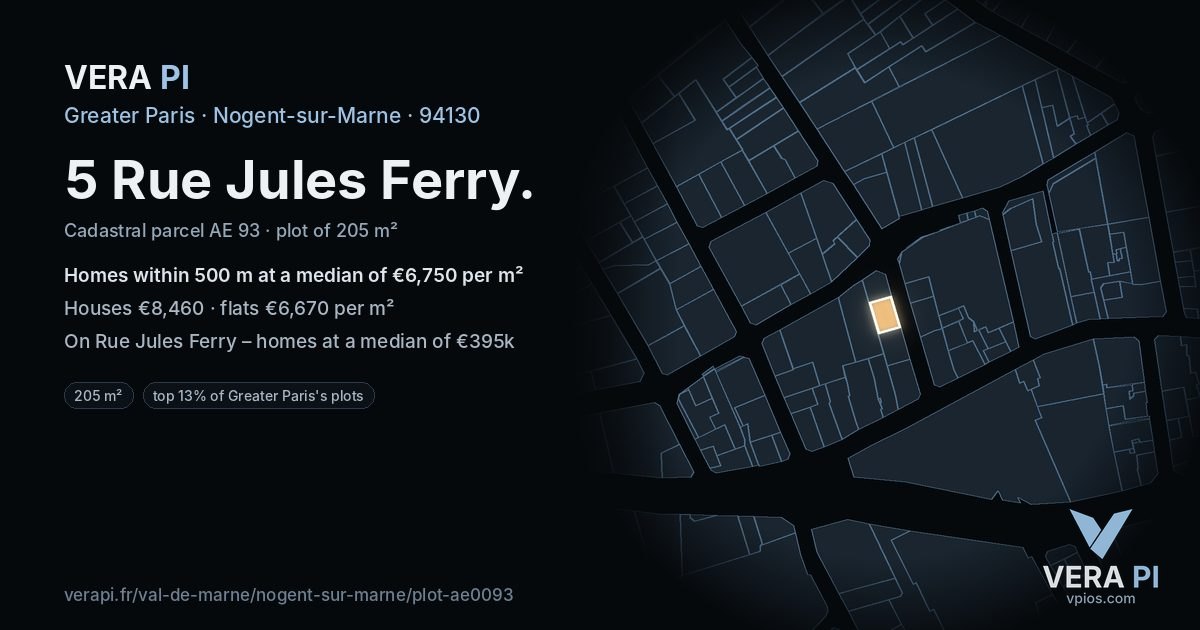 5 Rue Jules Ferry, Nogent-sur-Marne at night – the plot lit, the parcels around coloured by the prices near them