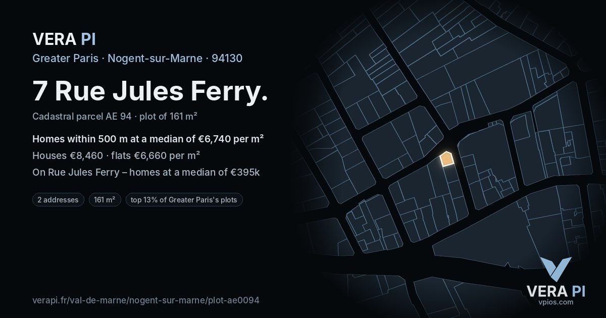 7 Rue Jules Ferry, Nogent-sur-Marne at night – the plot lit, the parcels around coloured by the prices near them