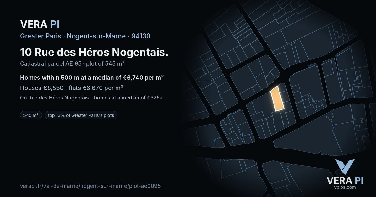 10 Rue des Héros Nogentais, Nogent-sur-Marne at night – the plot lit, the parcels around coloured by the prices near them