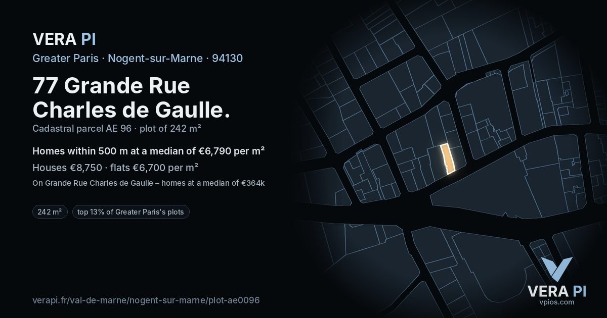 77 Grande Rue Charles de Gaulle, Nogent-sur-Marne at night – the plot lit, the parcels around coloured by the prices near them