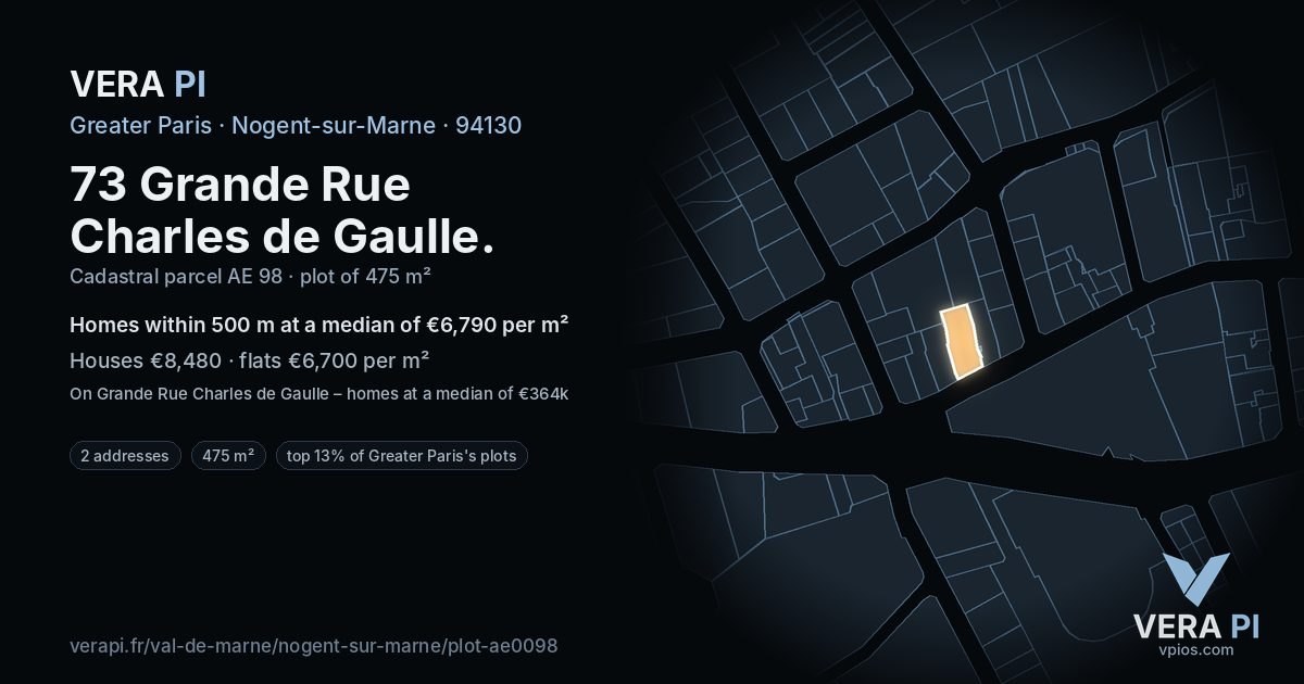 73 Grande Rue Charles de Gaulle, Nogent-sur-Marne at night – the plot lit, the parcels around coloured by the prices near them