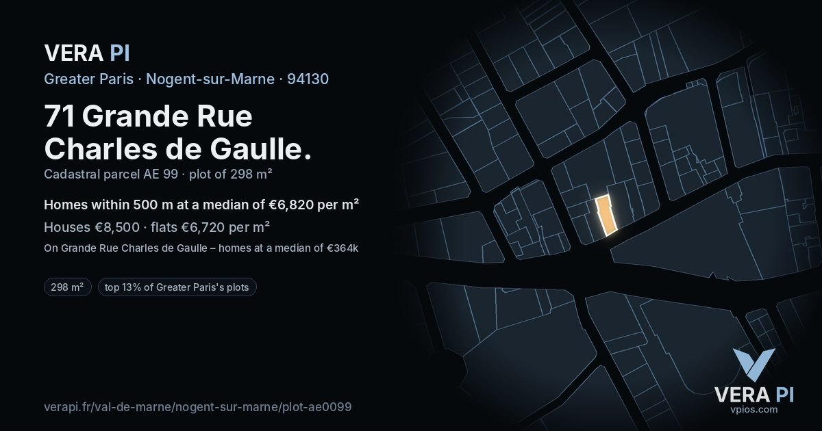 71 Grande Rue Charles de Gaulle, Nogent-sur-Marne at night – the plot lit, the parcels around coloured by the prices near them