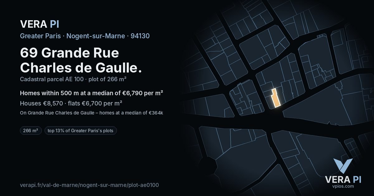 69 Grande Rue Charles de Gaulle, Nogent-sur-Marne at night – the plot lit, the parcels around coloured by the prices near them