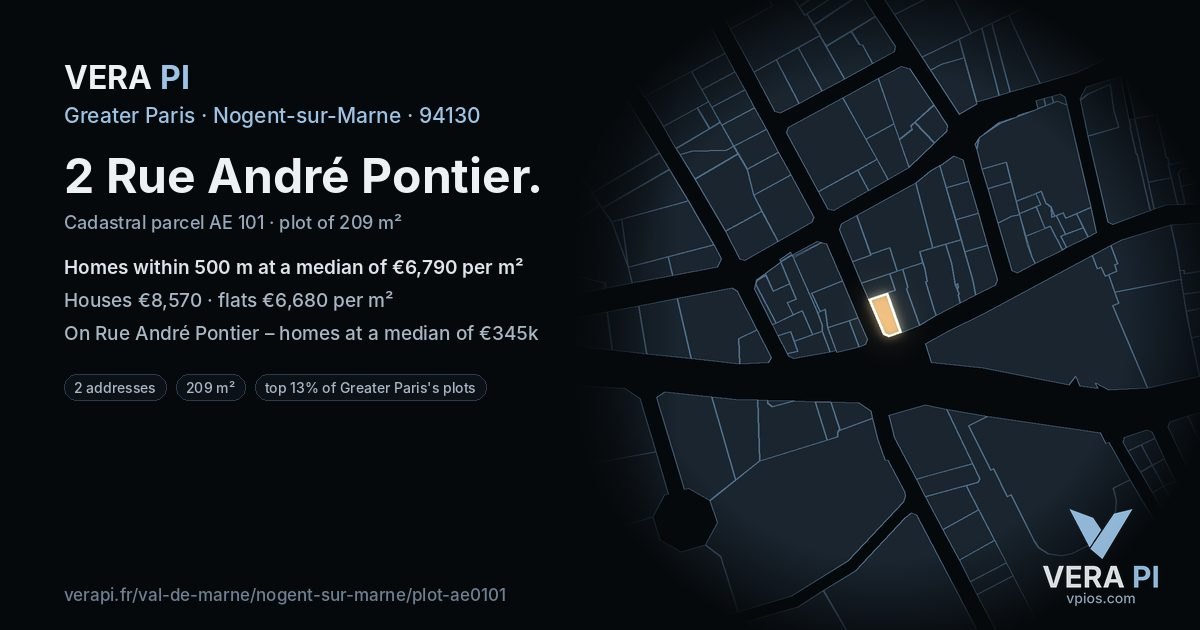 2 Rue André Pontier, Nogent-sur-Marne at night – the plot lit, the parcels around coloured by the prices near them