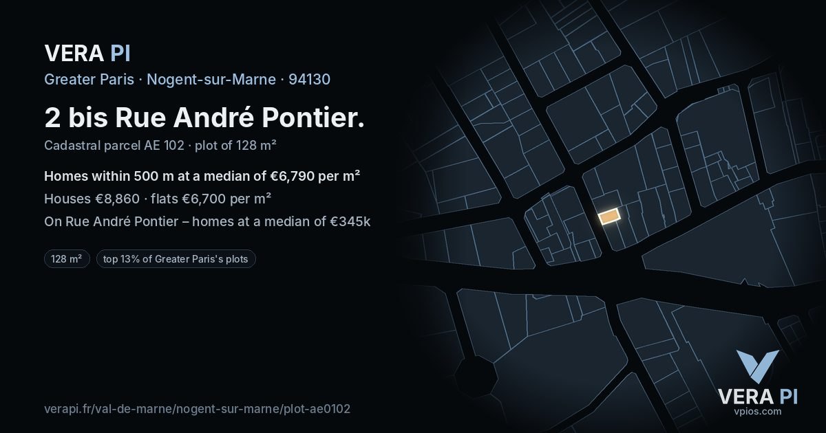 2 bis Rue André Pontier, Nogent-sur-Marne at night – the plot lit, the parcels around coloured by the prices near them