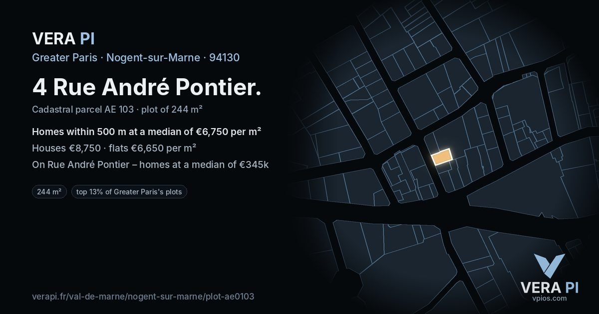 4 Rue André Pontier, Nogent-sur-Marne at night – the plot lit, the parcels around coloured by the prices near them