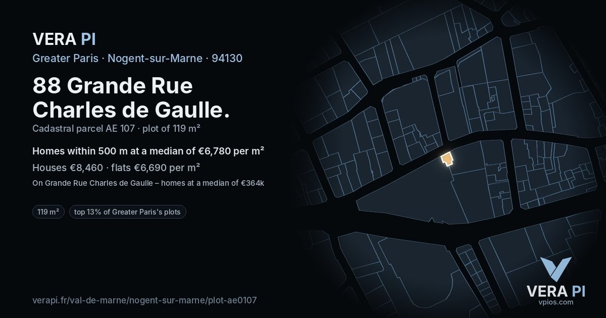 88 Grande Rue Charles de Gaulle, Nogent-sur-Marne at night – the plot lit, the parcels around coloured by the prices near them