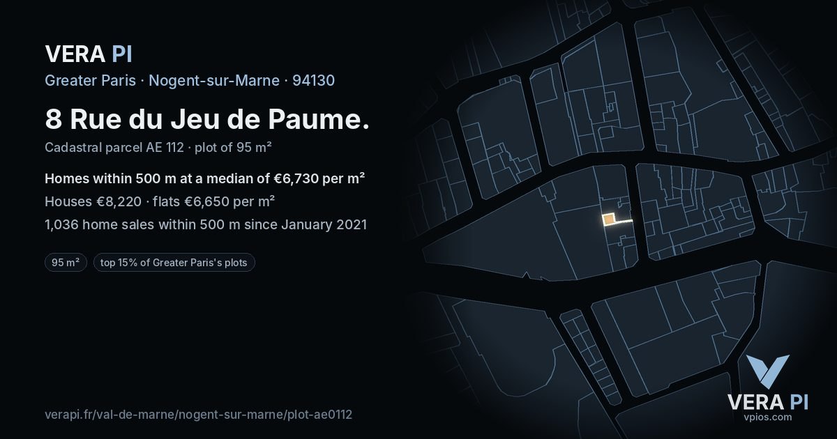 8 Rue du Jeu de Paume, Nogent-sur-Marne at night – the plot lit, the parcels around coloured by the prices near them