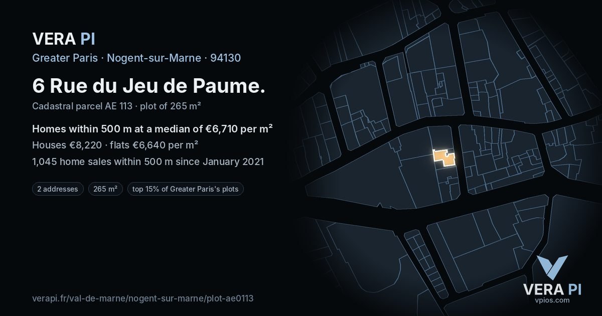 6 Rue du Jeu de Paume, Nogent-sur-Marne at night – the plot lit, the parcels around coloured by the prices near them