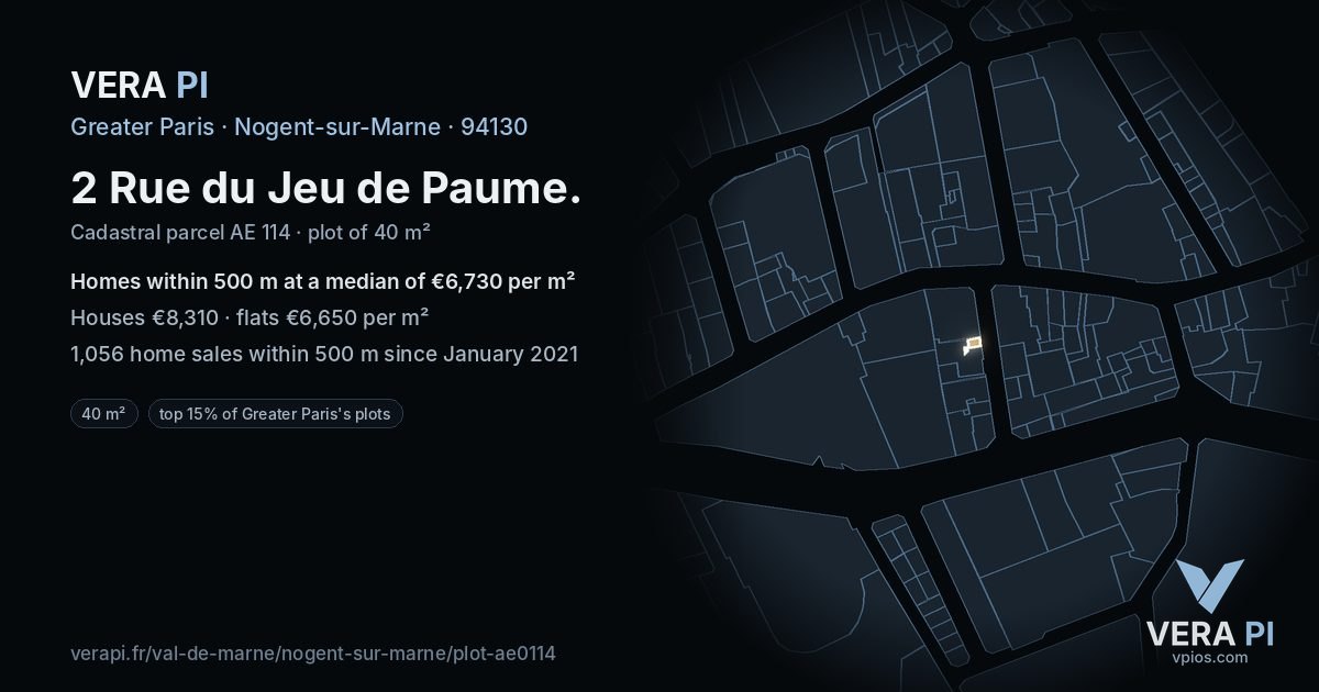 2 Rue du Jeu de Paume, Nogent-sur-Marne at night – the plot lit, the parcels around coloured by the prices near them