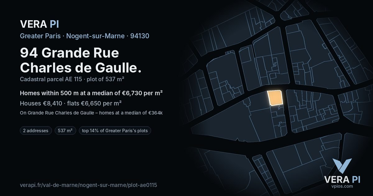 94 Grande Rue Charles de Gaulle, Nogent-sur-Marne at night – the plot lit, the parcels around coloured by the prices near them