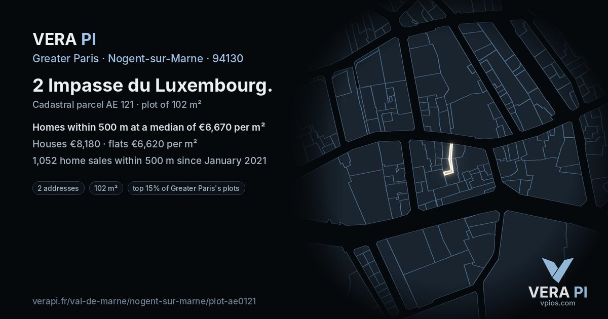 2 Impasse du Luxembourg, Nogent-sur-Marne at night – the plot lit, the parcels around coloured by the prices near them