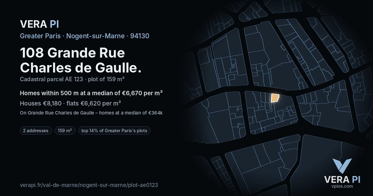 108 Grande Rue Charles de Gaulle, Nogent-sur-Marne at night – the plot lit, the parcels around coloured by the prices near them