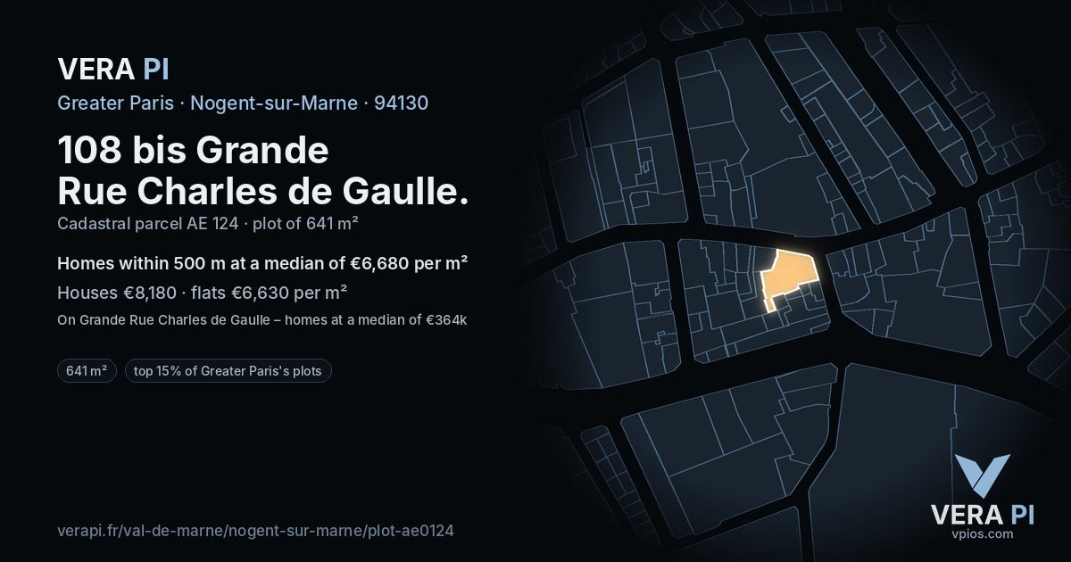 108 bis Grande Rue Charles de Gaulle, Nogent-sur-Marne at night – the plot lit, the parcels around coloured by the prices near them