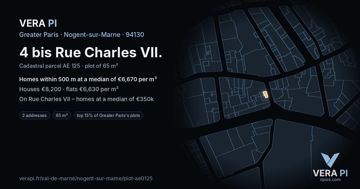 4 bis Rue Charles VII, Nogent-sur-Marne at night – the plot lit, the parcels around coloured by the prices near them