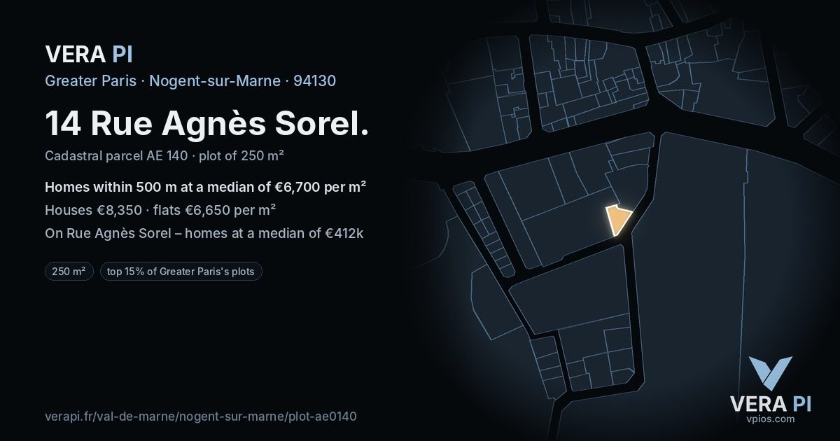 14 Rue Agnès Sorel, Nogent-sur-Marne at night – the plot lit, the parcels around coloured by the prices near them