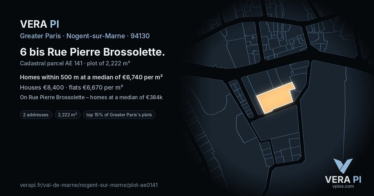 6 bis Rue Pierre Brossolette, Nogent-sur-Marne at night – the plot lit, the parcels around coloured by the prices near them