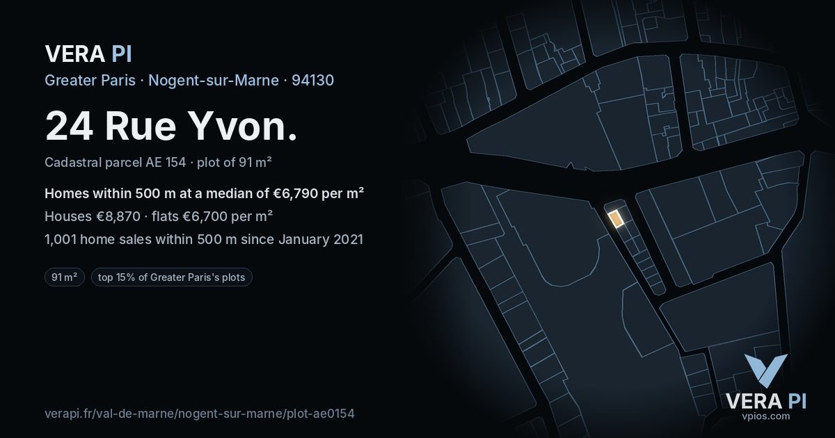 24 Rue Yvon, Nogent-sur-Marne at night – the plot lit, the parcels around coloured by the prices near them