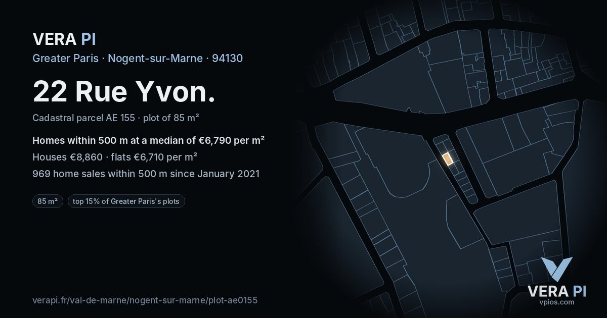 22 Rue Yvon, Nogent-sur-Marne at night – the plot lit, the parcels around coloured by the prices near them
