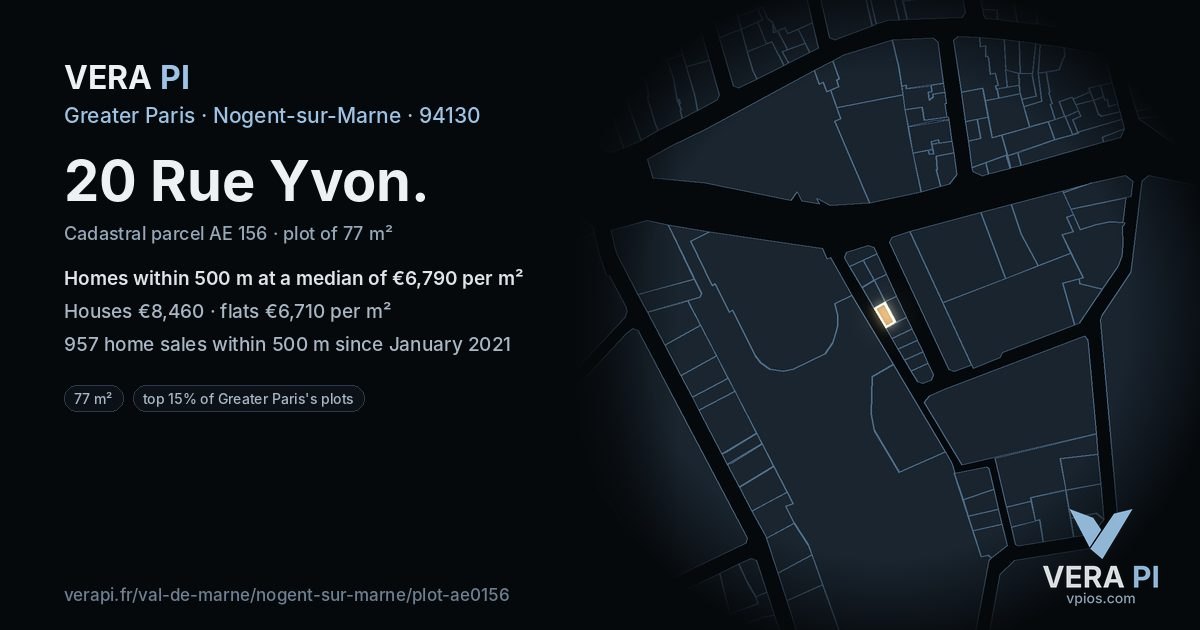 20 Rue Yvon, Nogent-sur-Marne at night – the plot lit, the parcels around coloured by the prices near them