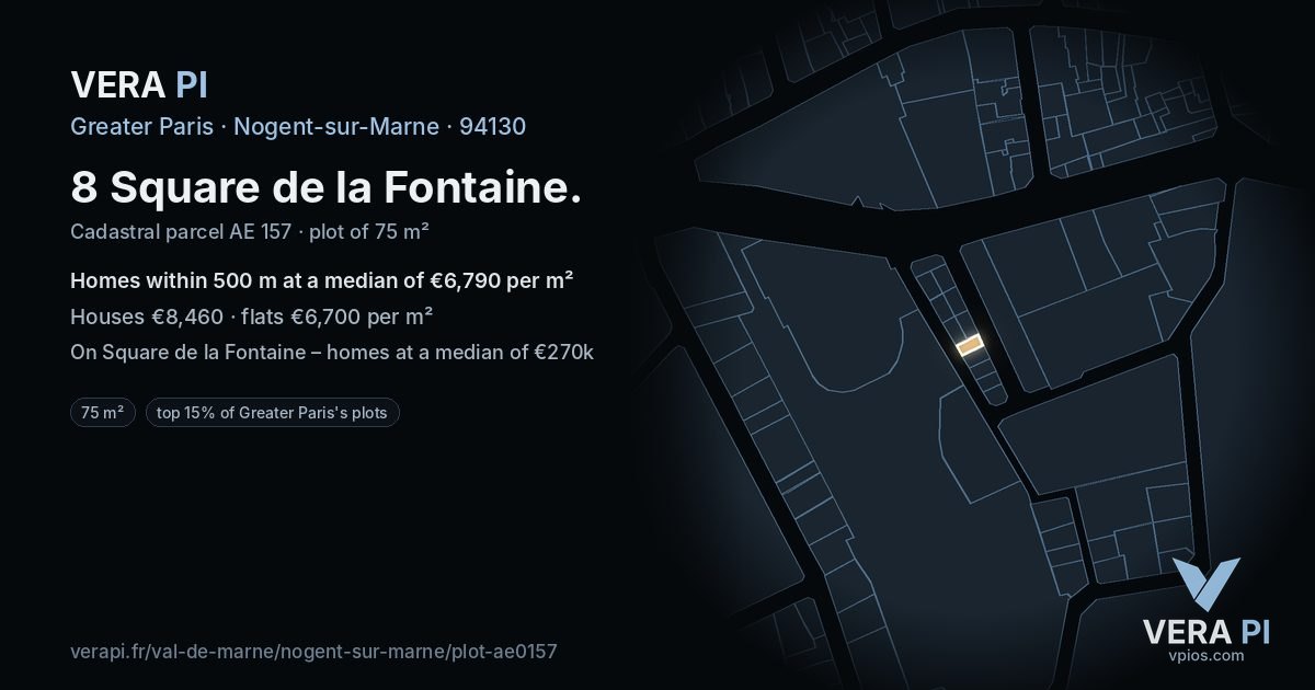 8 Square de la Fontaine, Nogent-sur-Marne at night – the plot lit, the parcels around coloured by the prices near them