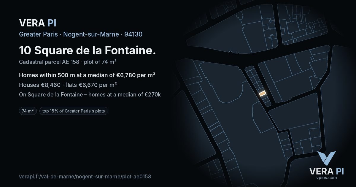 10 Square de la Fontaine, Nogent-sur-Marne at night – the plot lit, the parcels around coloured by the prices near them