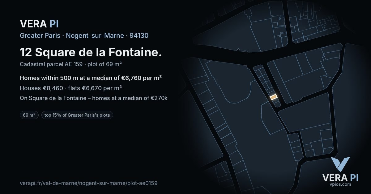 12 Square de la Fontaine, Nogent-sur-Marne at night – the plot lit, the parcels around coloured by the prices near them