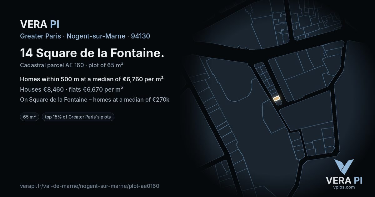 14 Square de la Fontaine, Nogent-sur-Marne at night – the plot lit, the parcels around coloured by the prices near them