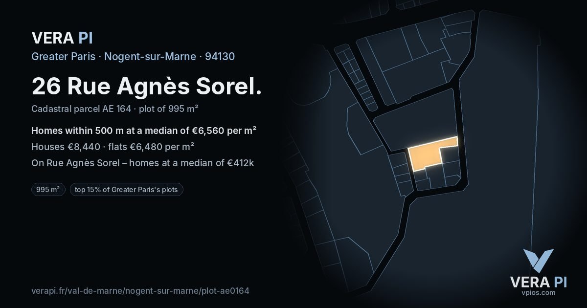 26 Rue Agnès Sorel, Nogent-sur-Marne at night – the plot lit, the parcels around coloured by the prices near them
