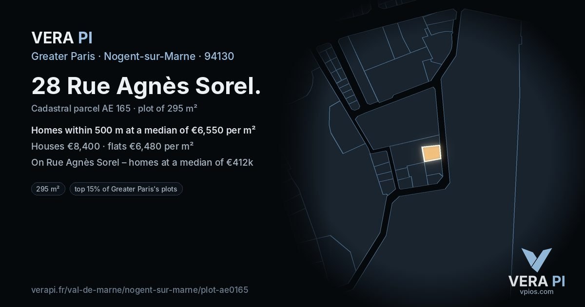 28 Rue Agnès Sorel, Nogent-sur-Marne at night – the plot lit, the parcels around coloured by the prices near them