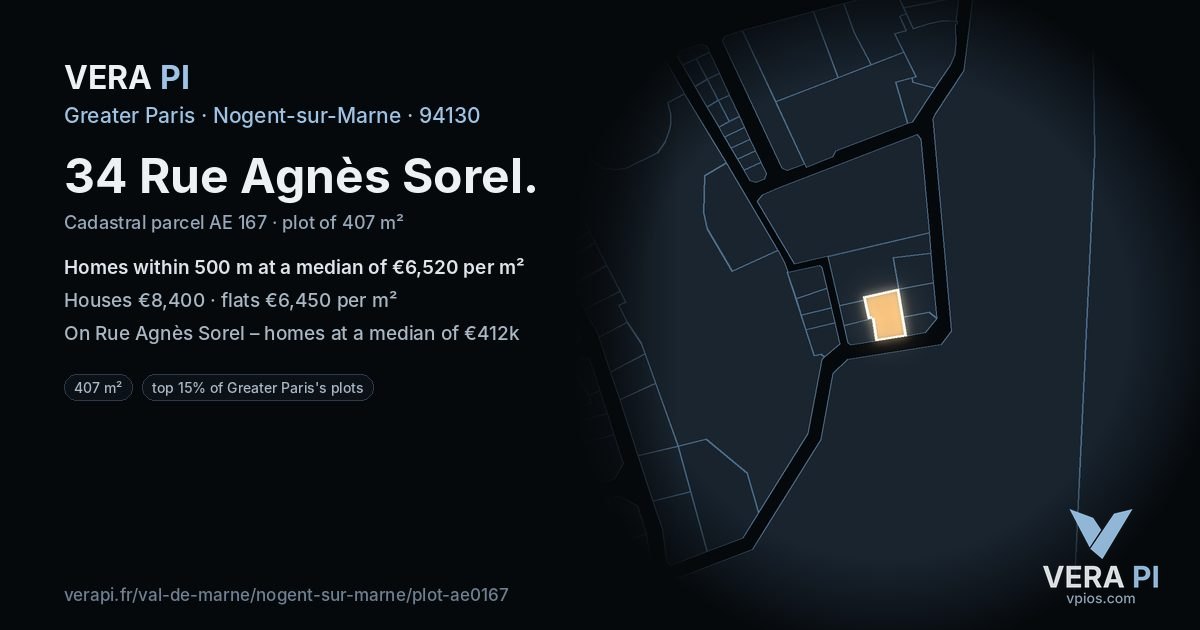 34 Rue Agnès Sorel, Nogent-sur-Marne at night – the plot lit, the parcels around coloured by the prices near them