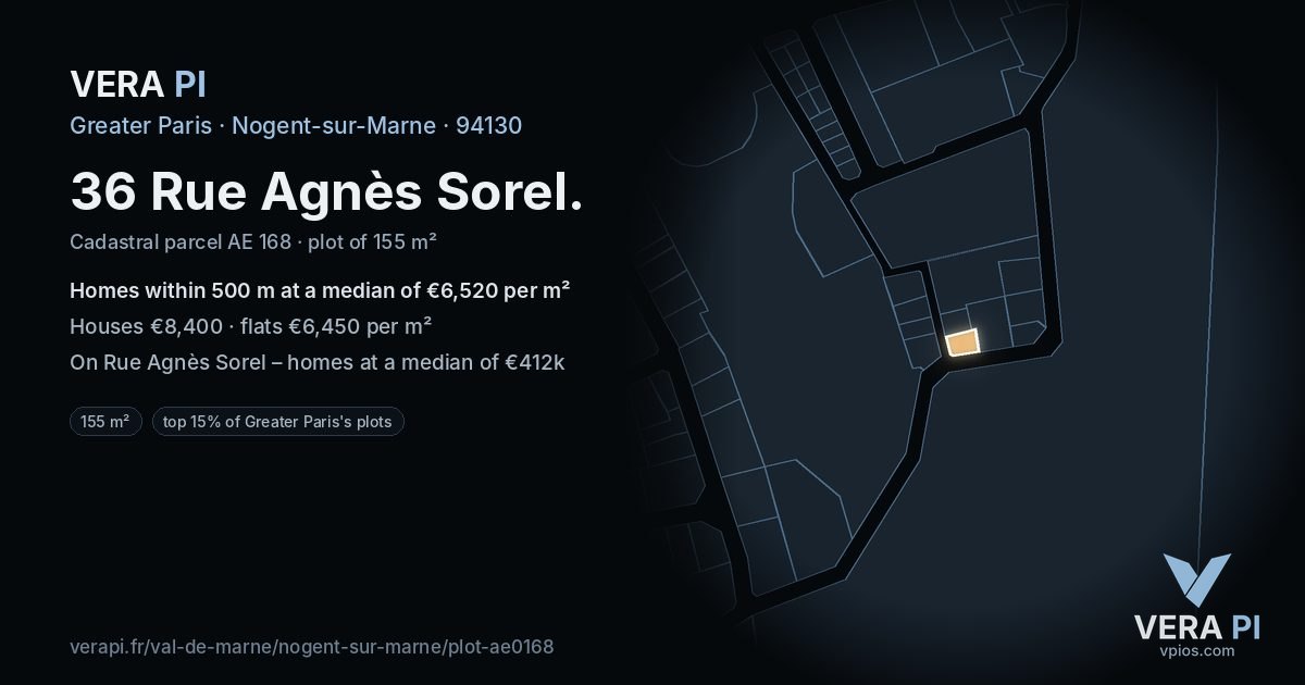 36 Rue Agnès Sorel, Nogent-sur-Marne at night – the plot lit, the parcels around coloured by the prices near them
