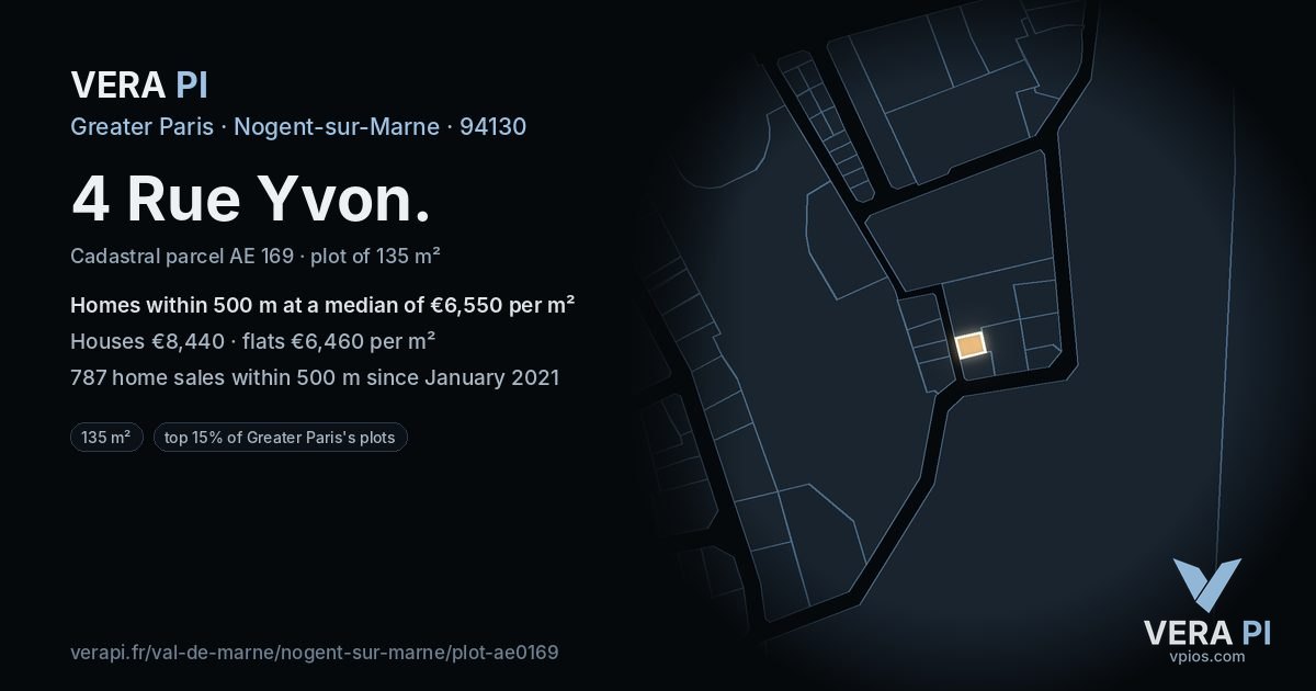 4 Rue Yvon, Nogent-sur-Marne at night – the plot lit, the parcels around coloured by the prices near them