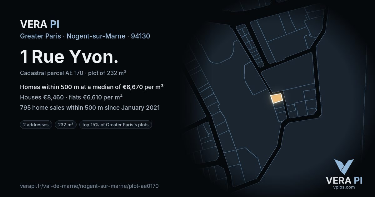 1 Rue Yvon, Nogent-sur-Marne at night – the plot lit, the parcels around coloured by the prices near them